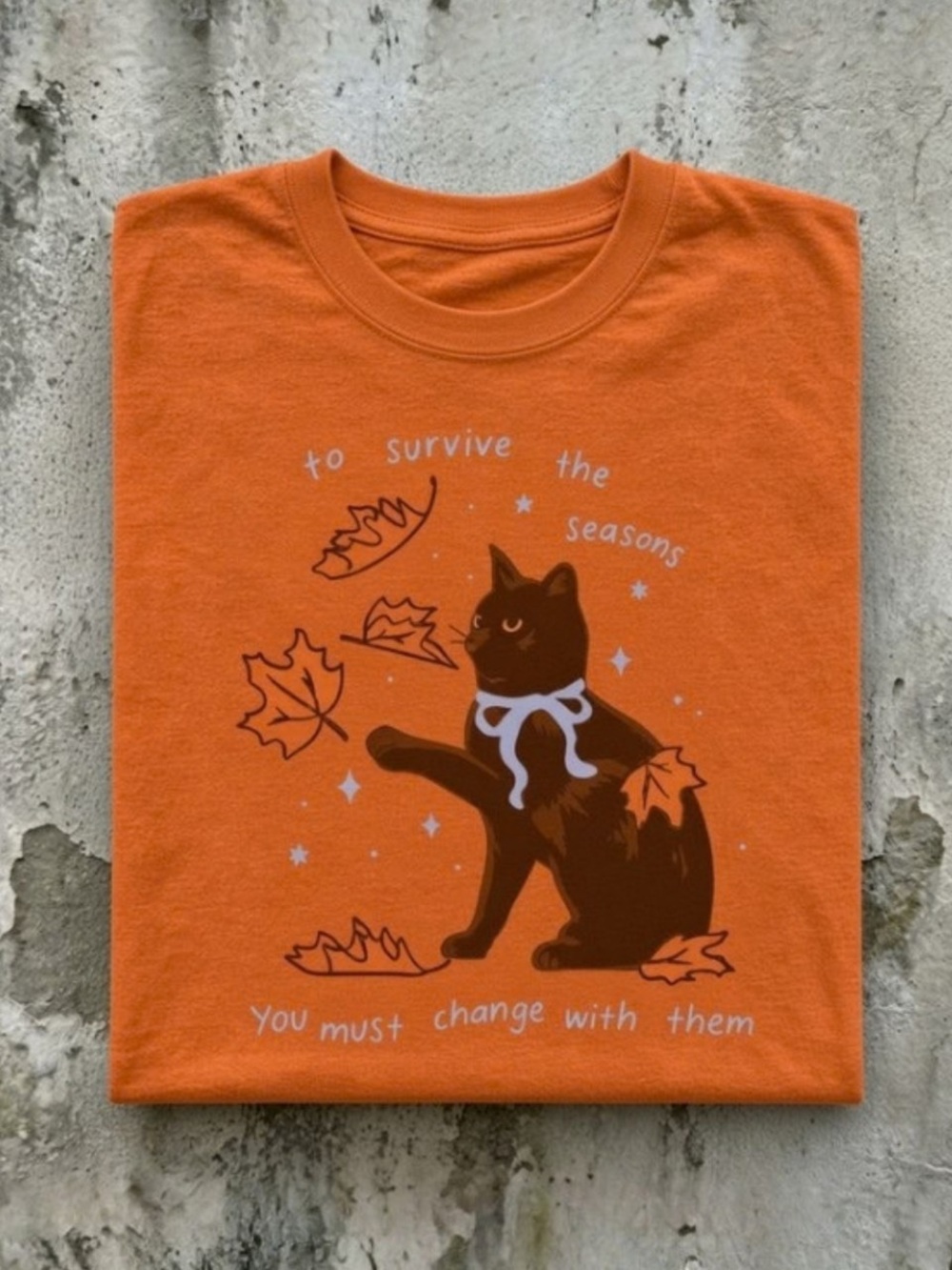Autumn Black Cat Falling Leaves Graphic T-Shirt Gildan 5000 Heavy Cotton Tee - Picture 4 of 4
